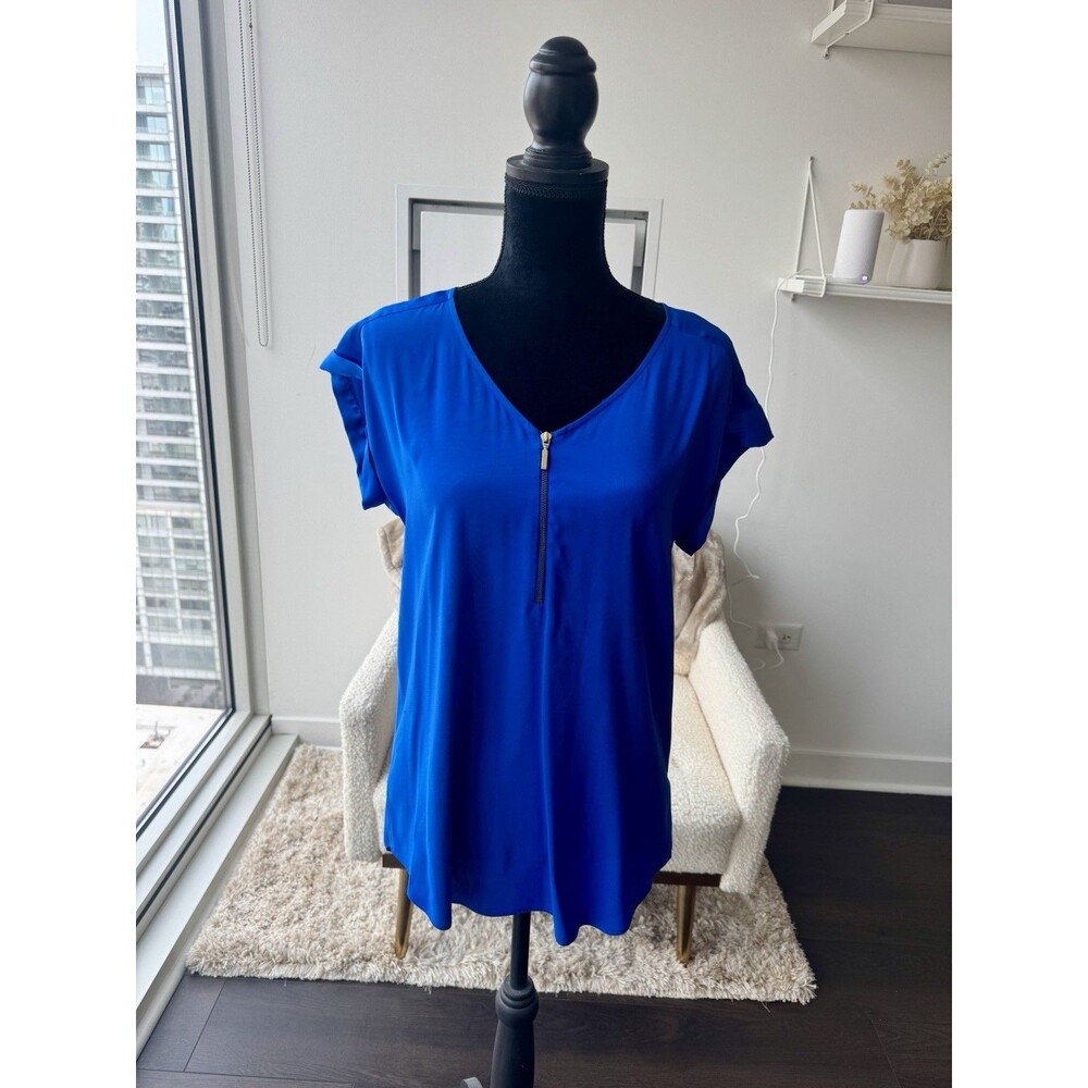 Express Bright Blue Satin Zipper V-Neck Short Sleeve Blouse Size Medium
